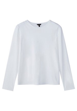 Chemise blanche à manches longues avec col ras du cou et ourlet droit, présentée à plat sur un fond blanc.