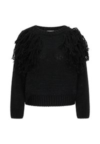 Pulover negru tricotat, cu detalii texturate de franjuri pe mâneci, decolteu rotund și tiv cu striții. Design respirabil cu modele de tricotare deschisă.