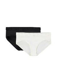 Zwart-witte katoenen slips met een brede, gestructureerde tailleband met sterrenpatronen. De zwarte slip is aan de linkerkant, de witte aan de rechterkant.