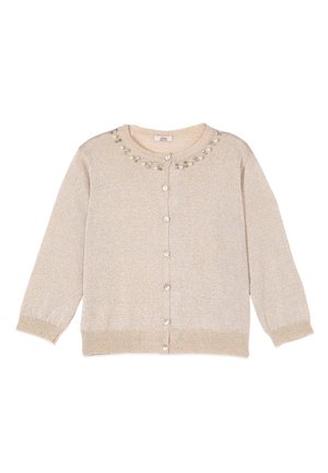 Jasnobeżowy sweter na guziki z długimi rękawami, ozdobiony perłami i koralikami wokół dekoltu.