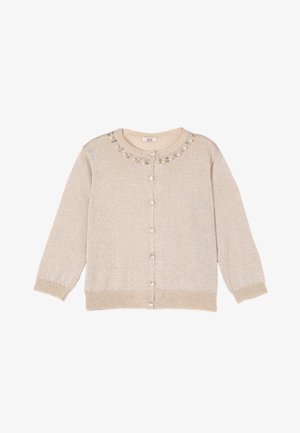 Lysebeige strikket cardigan med lange ærmer, perle- og perleudsmykning omkring halsudskæringen samt knaplukning foran.
