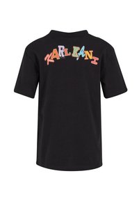 Black short-sleeve t-shirt featuring multicolored "KARL KANI" text on the back in various fonts. Comfortable cotton material, standard fit.