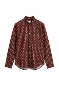 Chemise à manches longues boutonnée en bordeaux avec un petit motif cachemire, une poche poitrine à l'avant et un col classique.