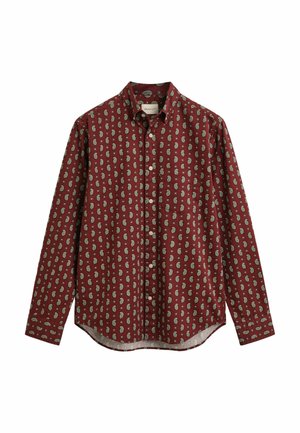Camicia a maniche lunghe con bottoni di colore bordeaux, con un piccolo motivo paisley, una tasca sul petto e colletto classico.
