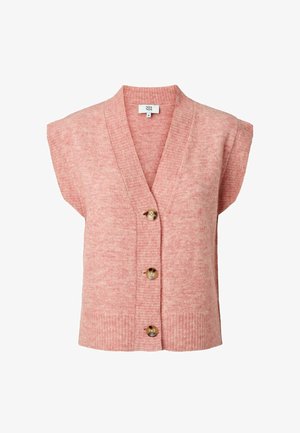 Roze mouwloze cardigan van zacht breimateriaal, met een V-hals, geribbelde zoom en drie ronde, lichtbruine knopen.