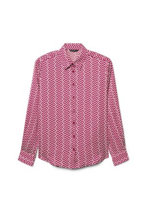 Langärmeliges Hemd in Rosa und Weiß mit Zickzackmuster. Hergestellt aus leichtem Stoff mit geknöpftem Kragen und geschwungenem Saum.