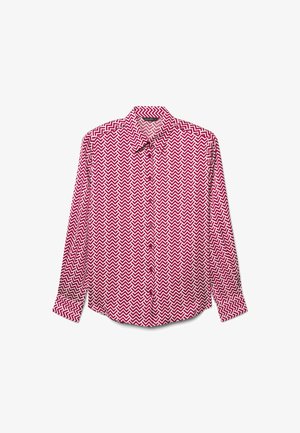 Langärmeliges Hemd in Rosa und Weiß mit Zickzackmuster. Hergestellt aus leichtem Stoff mit geknöpftem Kragen und geschwungenem Saum.