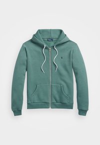 Grön zip-up hoodie i mjukt tyg, med en framficka, dragsko huva och ribbade resårer i ärmsluten och nederkant. Litet logo på bröstet.