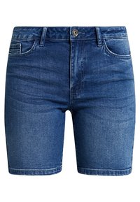 Džínové šortky, modrý wash, středně vysoký pas, pět kapsový design s kovovým knoflíkem, rovný střih a ohrnuté lemy. Hladká textura s mírným zesvětlením.