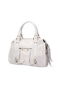 Borsa a mano bianca in pelle con dettagli in oro, doppi manici, tasche con zip e tasche frontali, dettagli plissettati e accenti con nappine laterali.