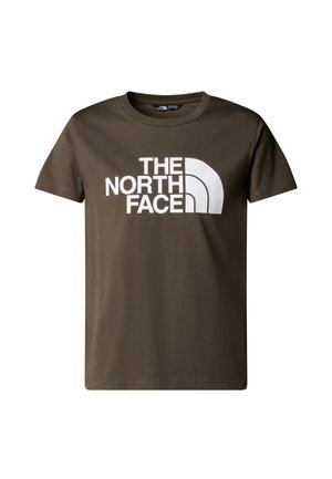 Oliwkowa zielona koszulka wykonana z miękkiej bawełny, z dużym białym logo "THE NORTH FACE" o zakrzywionym kształcie. Krótkie rękawy, standardowy krój.