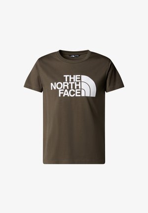 Olivovo zelené tričko vyrobené z mäkkej bavlny, s veľkým bielym logom "THE NORTH FACE" v zakrivenej úprave. Krátke rukávy, štandardný strih.