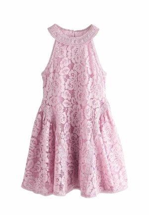 Rosa ärmelloses Spitzenkleid mit Blumenmuster, hohem Ausschnitt, tailliertem Oberteil und ausgestelltem Rock.