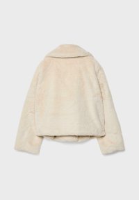 Veste courte en fausse fourrure beige avec col, design raccourci, tissu texturé et manches longues, vue de dos.