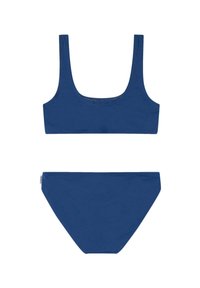Mornarsko modri bikini set s topom kvadratnega izreza, širokimi naramnicami in usklajenimi visokimi hlačkami, izdelan iz gladkega, raztegljivega materiala.