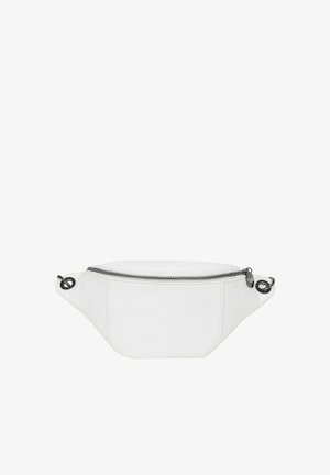 Marsupio bianco realizzato in materiale liscio, con una cerniera centrale, una silhouette arrotondata e anelli laterali per l'attacco.