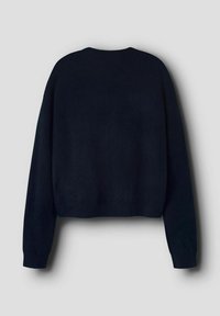Marineblauer, kurz geschnittener Pullover mit langen Ärmeln, aus weichem Stoff gefertigt, mit Rundhalsausschnitt sowie gerippten Bündchen und Saum.