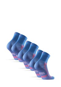 Blaue Sportsocken mit gerippten Bündchen, gepolsterten Sohlen und rosa Akzenten. Mit einem strukturierten Muster entlang des Fußrückens für verbesserten Halt.