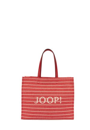 Rød- og hvidstribet mulepose med dobbelte håndtag og ordet "JOOP!" trykt med store hvide bogstaver på fronten.