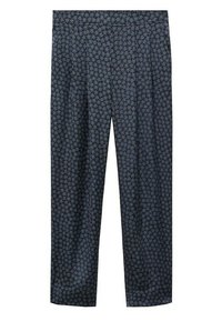 Marineblaue gerade geschnittene Hosen mit einem kleinen, sich wiederholenden floralen Muster in hellblauen und beigen Farbtönen.