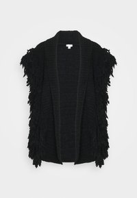 Musta neulottu liivi, jossa teksturoitu hapsu sivuilla, avoin edusta ja resorikaulus. Pehmeä materiaali, rento istuvuus.