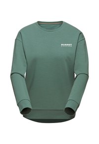 Zielona bluza z długimi rękawami, okrągłym dekoltem, prążkowanymi mankietami i prostym dołem. Posiada białe logo "Mammut" na piersi.