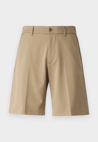 Beige Stoffshorts mit geradem Schnitt, flachem Vorderteil, einem einzelnen Knopfverschluss und zwei seitlichen Taschen. Glatte Textur, knielanger Stil.