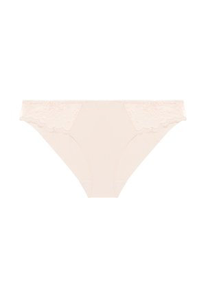 Light pink thong with floral lace detailing on the sides, smooth fabric, and scalloped edges for a delicate finish.