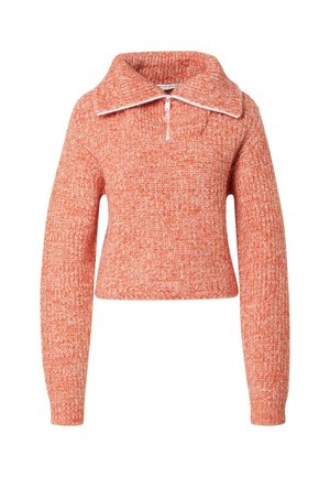 Gebreide trui in een heldere koraalkleur, met een grote kraag en een gedeeltelijke ritssluiting. Textuurstof met een cropped pasvorm en lange mouwen.
