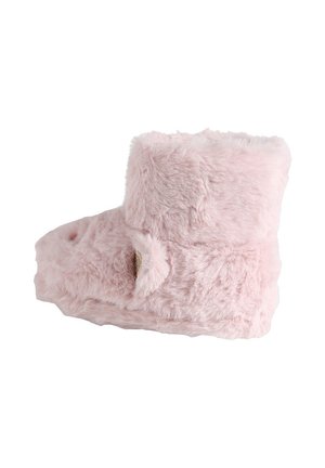 Weicher rosa Plüsch-Hausschuh mit umgeschlagenem Bündchen und einem kleinen herzförmigen Detail an der Seite.