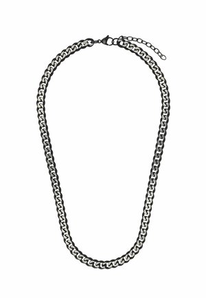 Collana intrecciata di catena nera e argento con chiusura a moschettone e catena regolabile su sfondo bianco.