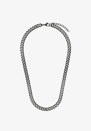 Collar de cadena entrelazada en negro y plata con cierre de langosta y cadena ajustable sobre fondo blanco.