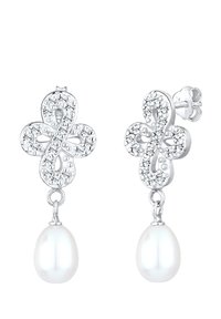 Sølvøreringe med et dekorativt, sammenflettet design pyntet med klare rhinsten, hver med en hængende hvid perle.