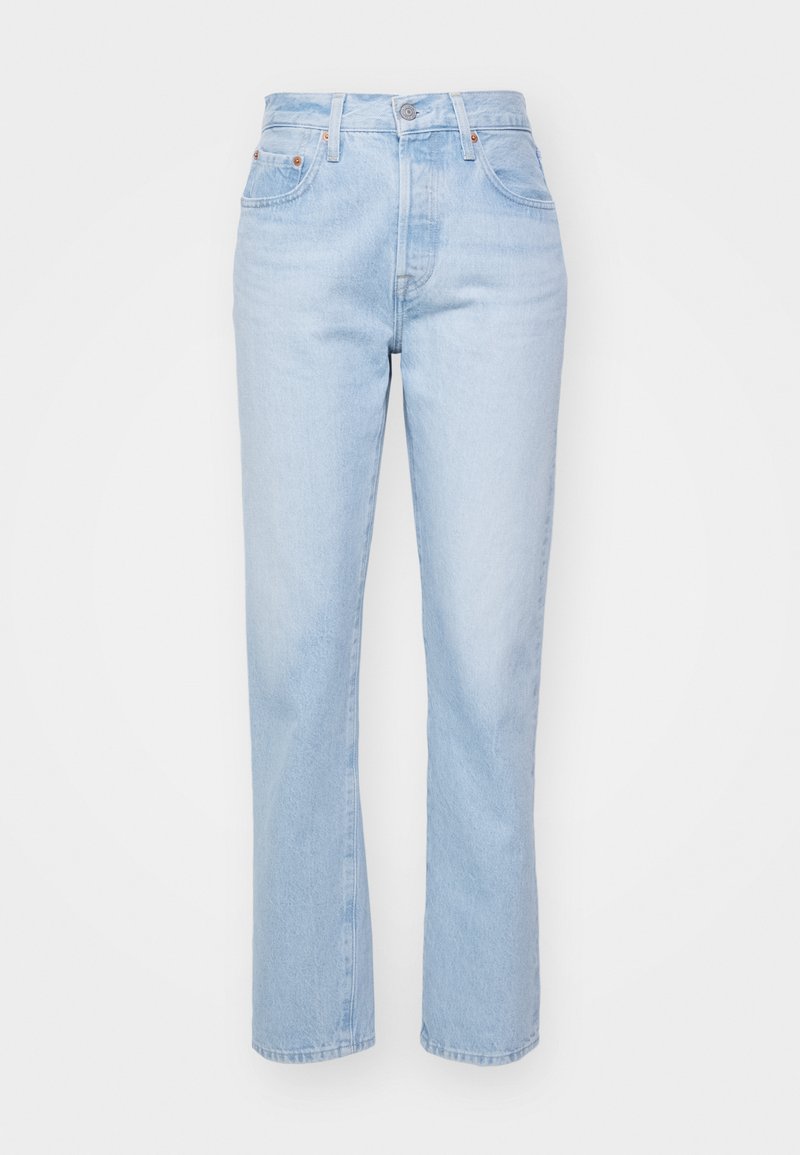 Jeans azzurri chiari a vita alta con design a gamba dritta. Realizzati in denim, presentano una chiusura con bottone metallico e tasche laterali.