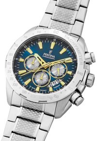 Orologio cronografo Festina con cassa in acciaio inossidabile, bracciale in maglia argentata, quadrante blu, indicatori delle ore gialli e sottodial per le funzioni di cronometraggio.
