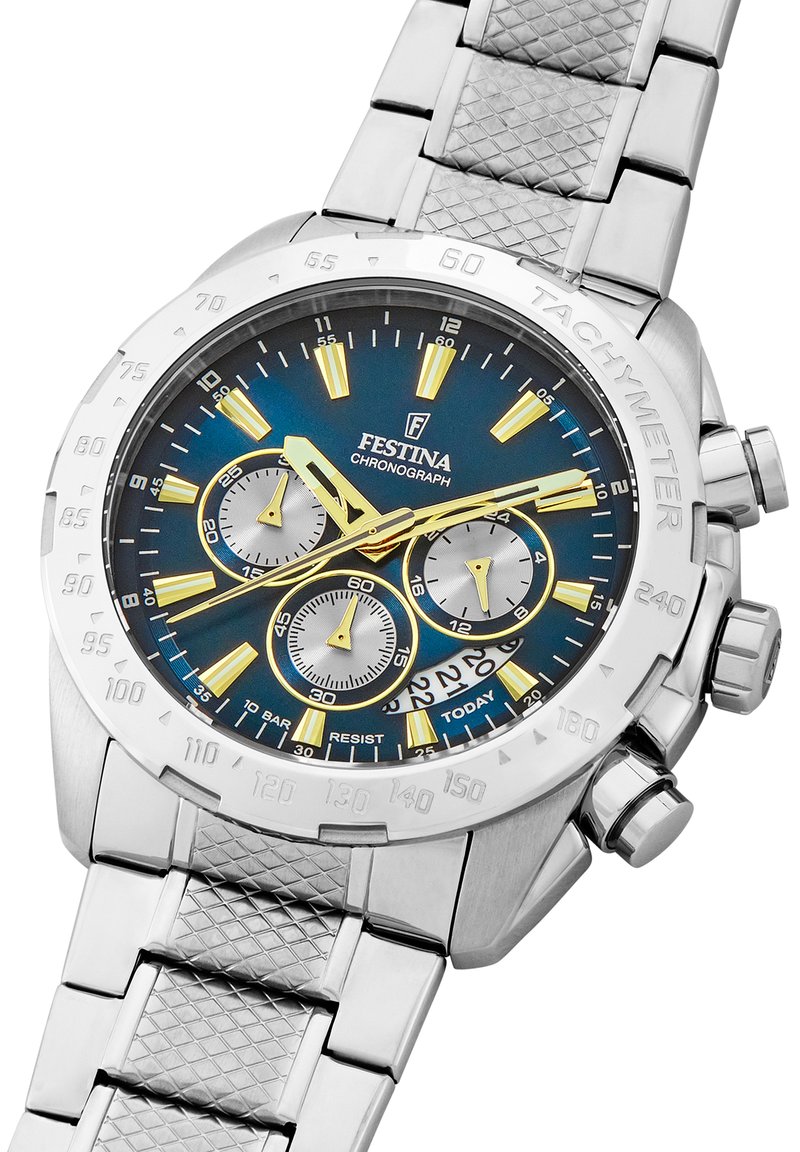 Orologio cronografo Festina con cassa in acciaio inossidabile, bracciale in maglia argentata, quadrante blu, indicatori delle ore gialli e sottodial per le funzioni di cronometraggio.