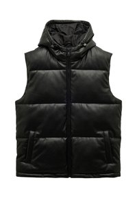 Schwarze Pufferweste mit Kapuze, ausgestattet mit einem Reißverschluss, zwei Seitentaschen und einer glatten Kunstledertextur mit gesteppten Einsätzen.