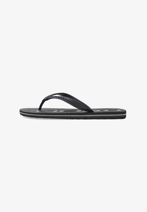 Tongs noires avec une semelle en caoutchouc texturé, une sangle lisse et de légères lignes blanches sur la base. Forme rectangulaire.