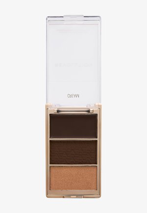Compact make-uppalette met drie tinten: donkerbruine crème, middelbruine poeder en glinsterende bronzen poeder, in een doorzichtige plastic doos.