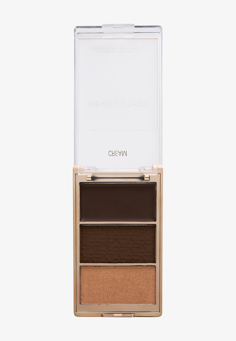 Kompakte Make-up-Palette mit drei Farbtönen: dunkelbraune Creme, mittelbraunes Puder und schimmerndes Bronze-Puder, in einem transparenten Kunststoffgehäuse.