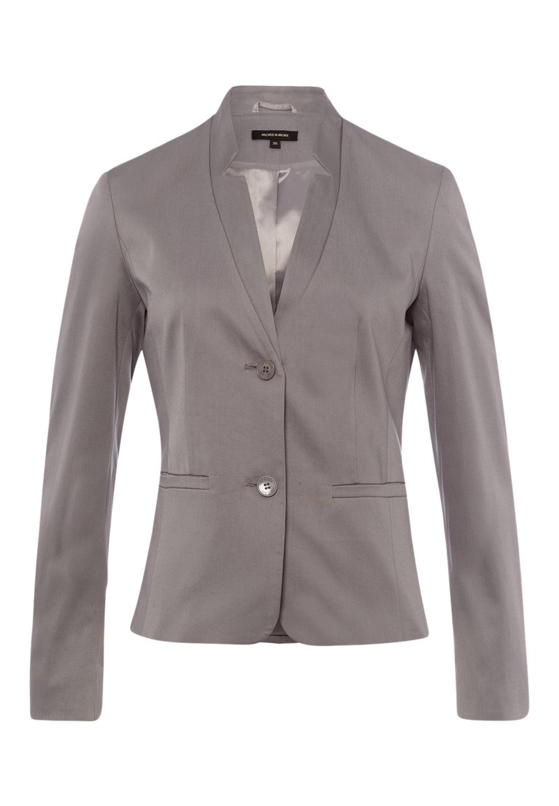 Grijze op maat gemaakte blazer met een gladde textuur, sluiting met één knoop, geknipte revers en twee voorkwarnen. Heeft een satijnen binnenvoering.
