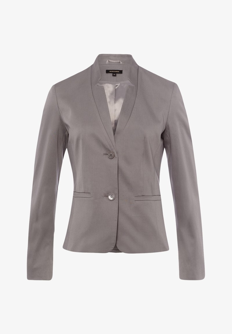 Blazer femme gris clair à manches longues, col à revers cranté, deux boutons et poches avant passepoilées.