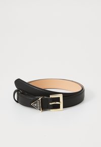 Black leather belt featuring a gold buckle and a triangular logo emblem. The interior is tan, contrasting with the exterior.