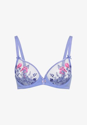 Hellviolette Spitzen-Bralette mit floraler Stickerei in Pink und Blau. Verfügt über transparente Cups, verstellbare Träger und ein dekoratives mittleres Detail.