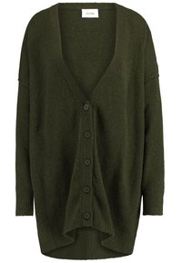 Olive green cardigan made of soft material, featuring a deep V-neckline, long sleeves, and black buttons along the front.