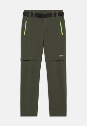 Olivgrüne Trekkinghose mit Reißverschluss zum Abzippen, schwarzem Gürtel, neongrünen Reißverschlusstaschen und CMP-Logo am oberen Oberschenkel.