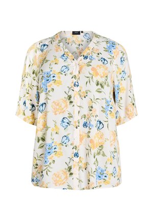 Hvid bluse med korte ærmer med gult, blåt og grønt blomsterprint, V-udskæring og løs pasform.