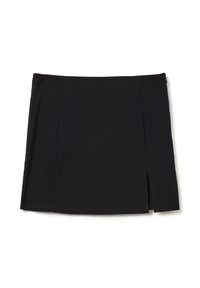 Mini gonna nera con uno spacco laterale e chiusura con zip, tessuto liscio, taglio dritto e dettagli minimi su sfondo bianco.