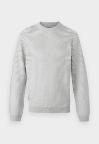 Pull gris côtelé avec un col rond, des manches longues et une finition texturée. Dispose d'un bas et de poignets ajustés.