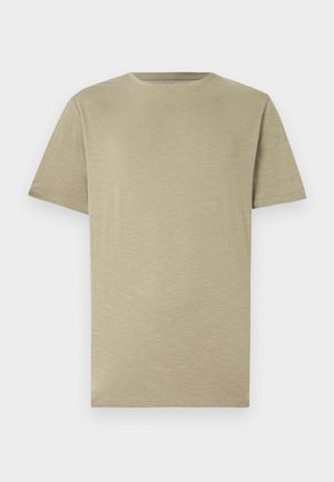 Helles Khaki-T-Shirt, kurze Ärmel, Rundhalsausschnitt, weiche Textur, glatter Stoff, ohne Muster oder Akzente, gerade geschnitten, neutrale Farbe.